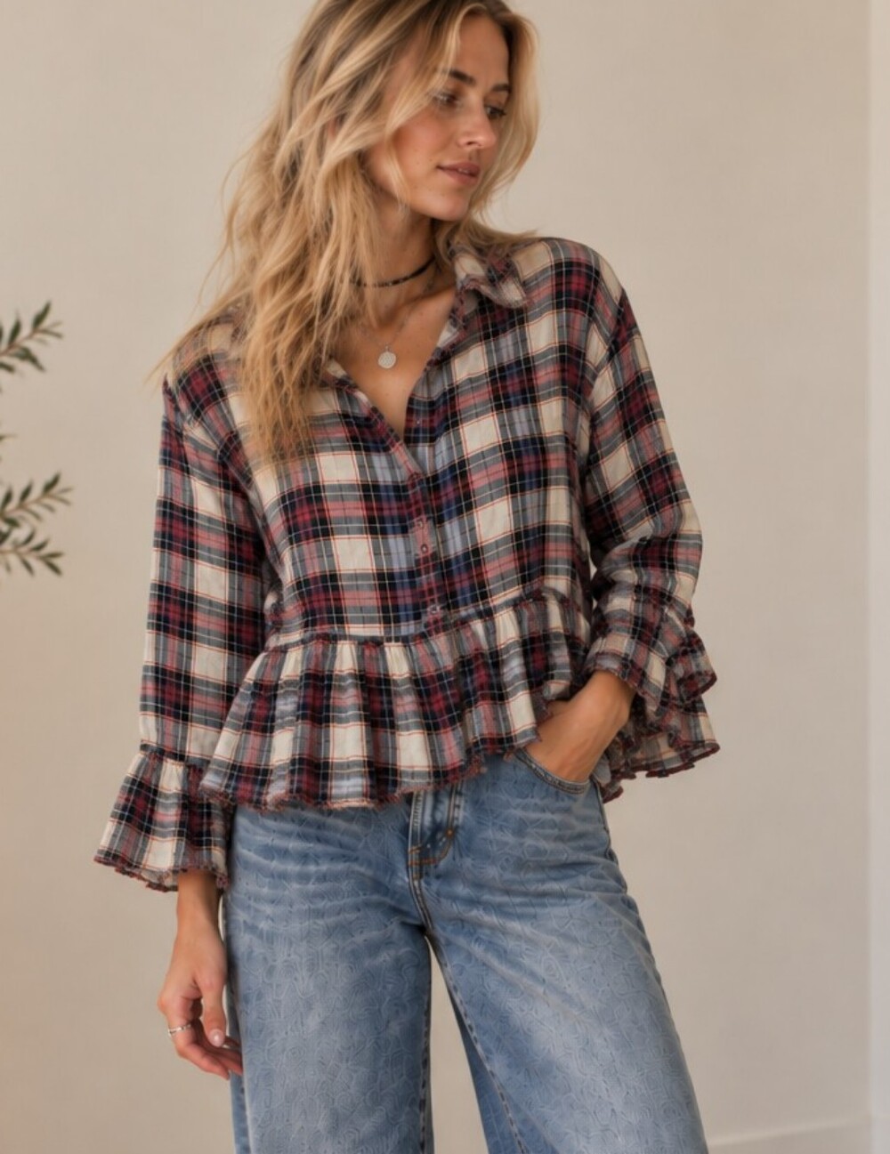 Free People Promise Everything Shirt Plaid Flannel Crop Ruffle Babydoll Top XS/S